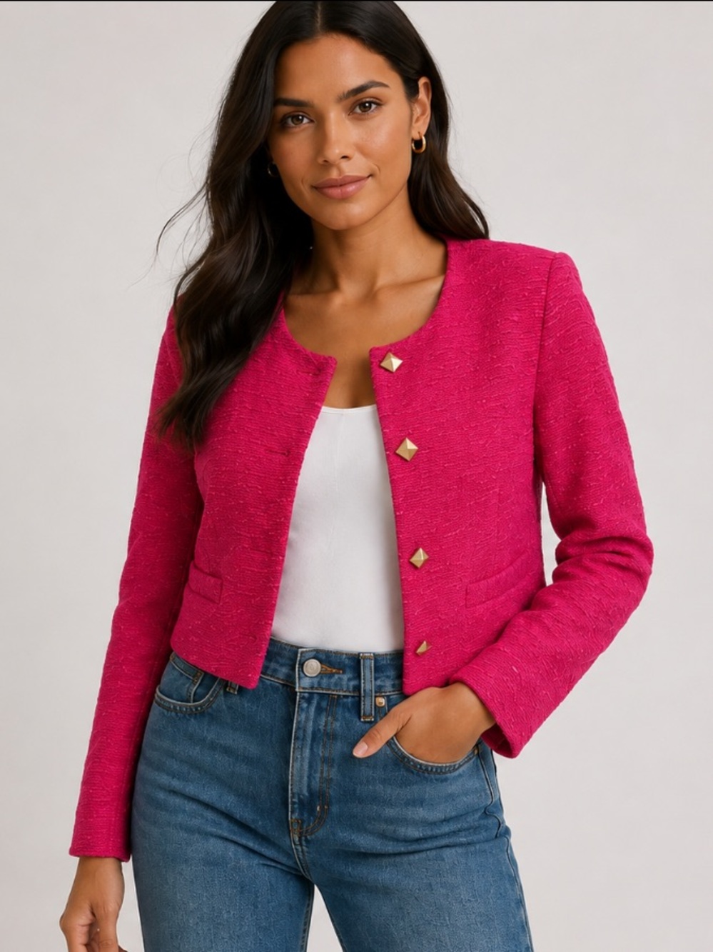 NWT Express Fuchsia Pink Textured Cropped Jacket With Gold Buttons XL $168